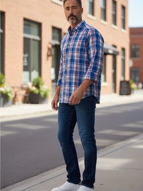crown & ivy Blue and Red Plaid Stretch Button-Down Shirt